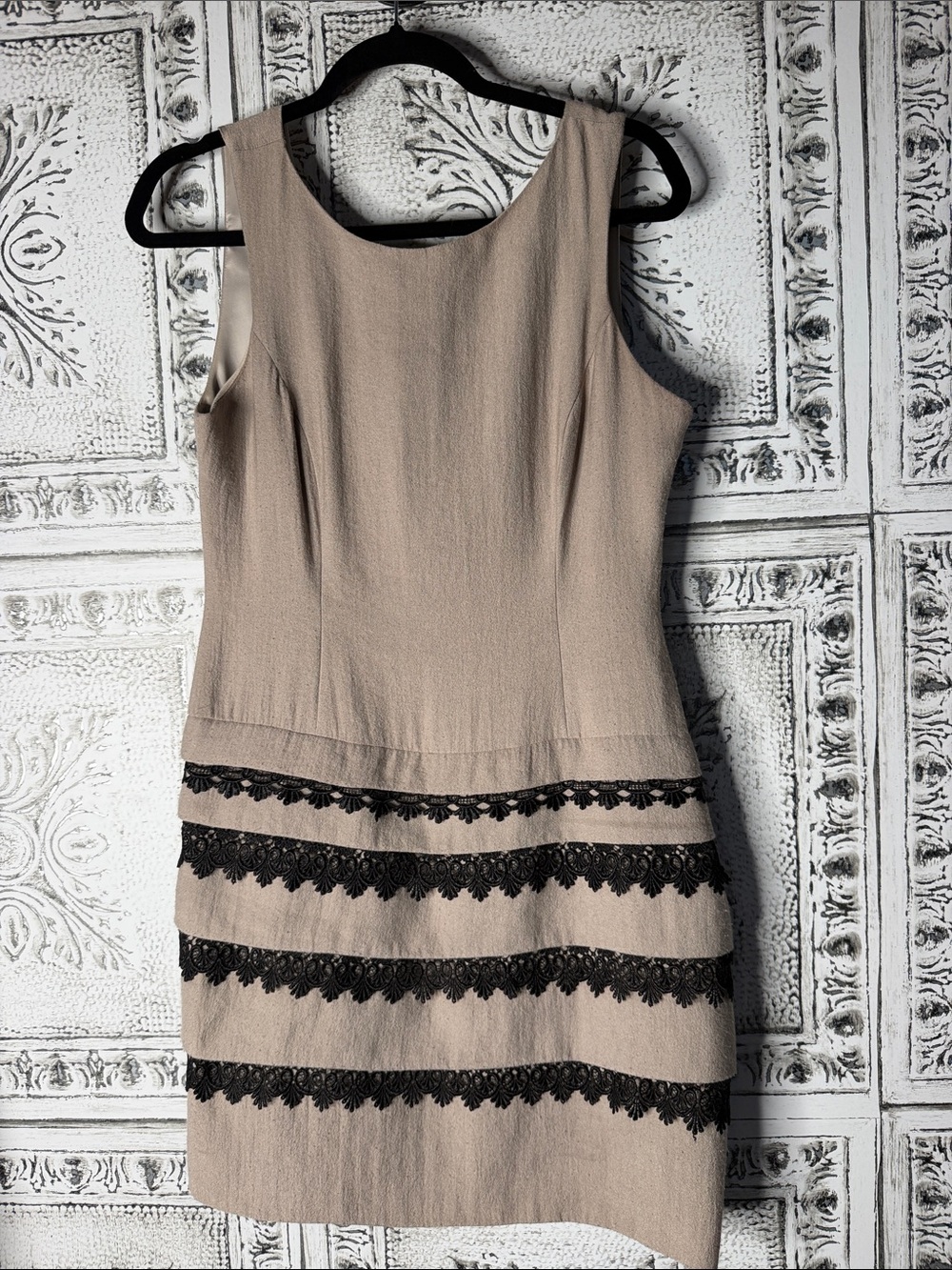 Max and Cleo Sleeveless Beige Dress with Black Lace Trim
